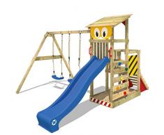 WICKEY Parco giochi in legno Smart Scoop Giochi da giardino con altalena e scivolo blu, Torre di arrampicata da esterno con sabbiera per bambini