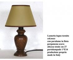 Lampada lumetto abat jour da comodino in legno tornito con paralume; produzione propria, made in Italy (212 pergamena scura)