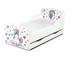 Leomark Letto Lettino per bambini in legno, cassetto cassettone e materasso, rete a doghe, magnifiche stampe, dimensioni del materasso 140 x 70 cm, colore bianco con motivo: UNICORNO Cuori Colorati