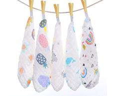 Asciugamani Neonati Mussola, 5 Pezzi Asciugamano di Garza Cotone Saliva Baby per Bambini Naturale, 100% Cotone Mussolino Bavaglino Tovagliolo Fazzoletto Salviettine per la Pelle Sensibile, 25 x 25 cm