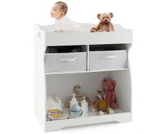 LIFEZEAL Fasciatoio per Neonati, Bambini 0-6 Mesi, Cassettone Fasciatoio, Fasciatoio Cassettiera, 4 Scomparti, 2 Cassetti, Cintura di Sicurezza, Materassino, in Legno, 82,5x48x90 cm, Bianco