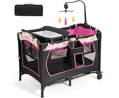 RELAX4LIFE 4 in 1 Lettino da Campeggio con Materasso per Bambini, Culla Neonato con Fasciatoio e Cingia Fissagio, Altezza Regolabile con 3 Livelli, Adatto a Bambini da 0 a 36 Mesi