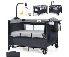 RELAX4LIFE 5 in 1 Lettino Neonato con Materasso, Culla da Campeggio con Fasciatoio e Cintura di Fissaggio, Altezza Regolabile in 4 Livelli, Adatto a Bambini da 0 a 36 Mesi (Black)