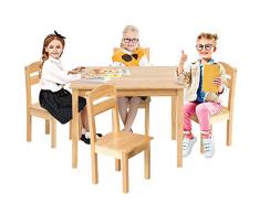 GOPLUS Set Mobili di 5 Pezzi, per Camerette Bambini, 1 Tavolo + 4 Sedie in Legno, Sedia 26x26x54,5cm, Tavolino 66x56x48cm, Ideale 2-6 Anni (Stile naturale)