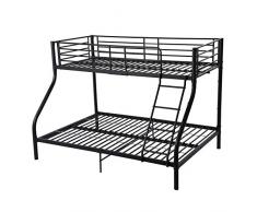 FetiNes Letto a Castello Metallo 3 Posti Letti per Adulti con Rete a Doghe, Barriera Anticaduta 200cm x 140/90cm Nero