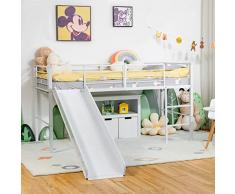 COSTWAY Letto Singolo a Soppalco, Struttura Letto con 4 Barriere di Sicurezza, Scala a 2 Gradini e Scivolo, Mini Struttura del Letto per Bambini, Capacità di Carico 150 kg (Bianco)