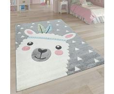 Paco Home Tappeto per la cameretta dei Bambini in Effetto 3D con Grazioso Design Alpaca nei Toni Pastello, in Grigio, Dimensione:140x200 cm