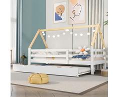 Letto per casa sullalbero, letto singolo, letto per bambini, letto estraibile, letto scorrevole con ruote inferiori, in legno massello, bianco, sedia da tetto color naturale (200 x 90 cm)
