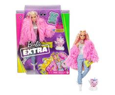 Barbie Extra n.3 - Bambola Snodata con Pelliccia Rosa e Maialino-Unicorno - 15 Accessori - Look Fashion con Ciocche Rossa - Regalo per Bambini 3+ Anni, GRN28