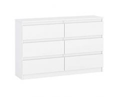 Comò con 6 cassetti, bianco, credenza per camera da letto, soggiorno, cameretta dei bambini, 120 cm di larghezza