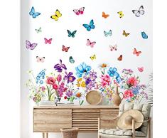DECOWALL DSL-8066 Fiori e Farfalle Volanti Adesivi Murali Asilo Nido per Bambini Buccia e Bastone Arredamento Camera da Letto Camera delle Ragazze Cameretta dei Bambini Colorata