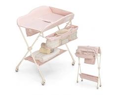 COSTWAY Fasciatoio con Ruote, Regolabile in Altezza, Fasciatoio Pieghevole Salvaspazio con Cintura di Sicurezza e Piccolo Bacino, 2 Portaoggetti Borsa, per Neonato 0-6 Mesi fino a 15kg (Rosa)
