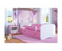 Letto per Bambini Singolo Rosa 140x70 160x80 180x80 con sponda anticaduta con barriera con Materasso cassettone Estraibile per Ragazza - Bianco - 180x80