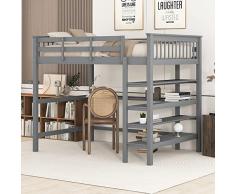 Moimhear Lettino a soppalco per bambini, in legno con ripiani e scrivania sotto il letto (grigio, 140 x 200 cm)