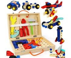 Cassetta Attrezzi Bambini Attrezzi in Legno Accessori per Banco da Lavoro per Bambini, Valigetta Attrezzi Bambini Costruzioni per Bambini Giochi Educativi Regalo Bambini 3 4 5 6 Anni(52 Pezzi)