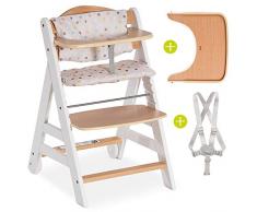 Hauck Beta Plus - Seggiolone evolutivo in legno con vassoio, cintura, cuscino e rotelle - Altezza regolabile, portata fino a 90 kg - Colore bianco