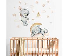 kina R00576 Adesivi Murali Bambino Ecologici e Anallergici Soffice Effetto Tessuto Riposizionabile Orsetto sulla Luna Decorazione Muro Cameretta Asilo Nido Carta da Parati - Misura 42x30 cm