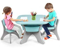 DREAMADE Set Tavolino e Sedie per Bambini, Carico di 80kg per 2-6 Anni, 1 Tavolino e 2 Sedie con Contenitore portagiochi Smontabile, Ventose Antiscivolo, Montaggio Semplice per cameretta (Menta)