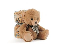 Coperta Neonato con Peluche Orso Animale Morbida e Calda - Mussola Bimbo Bimba 0 1 2 3 Anni con Pupazzo - Plaid Invernale Bambini Bambine Marrone con Fiocchetto - 120x80 cm - Perletti (Orsetto)