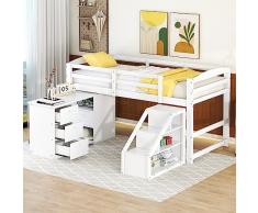 Moimhear Lettino a soppalco 90 x 200 cm, con scrivania multifunzione integrata e scala, colore: bianco