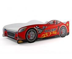 Letto singolo a forma di macchina CARS160x80, lettino per bambini e ragazzi, materasso in spugna compreso nel prezzo. (Rosso)