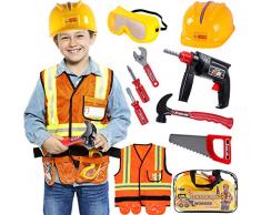 Tacobear Operaio Edile Costumi per Bambini con Attrezzi da Lavoro Giocattolo Goggle Casco da Costruzione Trapano Giocattolo Costume di Ruolo per Bambini Carnevale Halloween