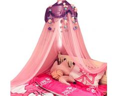 SHIKUN Zanzariera per bambini rosa a cupola tonda a baldacchino con ornamenti di peluche Tenda per bambini per bambine, Lettino per bambini, Lettino per ragazze, Cameretta per ragazze, Viola
