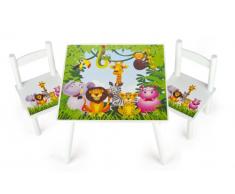 Leomark tavolo e 2 sedie in legno, tavolino set da cameretta per bambini, gioco di gruppo in classe, mobili per bambini, stanza dei bambini mobili alta qualità stabile, tema: JUNGLE