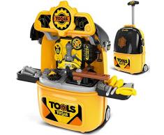 BAKAJI Valigia Trolley Banco da Lavoro Officina Giocattolo Set da Gioco Mobile con Ruote 2in1 Accessori Realistici Attrezzi da Lavoro Fai da Te Giocattoli Sicuro Leggero per Bambini Richiudibile