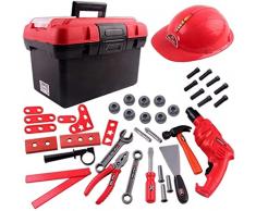 deAO Cassetta degli Attrezzi per Bambini Playset Attrezzi da Lavoro Valigia in Plastica Portatile Include Trapano Giocattolo Elettrico Casco e 38 Accessori