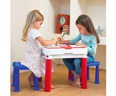 Keter Tavolo Tavolino Costruzioni per Bambini con 2 Sedie Sgabelli e Superficie Sagomata Lego Compatibile, Top del Tavolo Reversibile per Dusegnare e Colorare