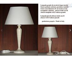 Lampada da tavolo in legno tornito bianco anticato con paralume