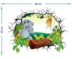 Adesivi murali bambini StickerDesign Adesivo Murale effetto 3D Decorativo Cameretta Bambini Foresta con tronco Albero Elefante Scimmietta Lombrico Adesivo Murale Disegni decorativi Wall Stickers decorativo Adesivi Murali Decorazione