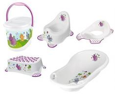 OKT Kids - Set di accessori da bagno per neonati: vasca per il bagnetto (misura XXL), vasino, riduttore per WC, sgabello e pattumiera per pannolini, motivo ippopotamo, colore: Bianco