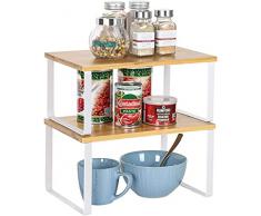 LIANTRAL Set di 2 Scaffali Portaspezie, Organizzatori per Armadi Espandibili, Ripiani portaoggetti impilabili da Cucina, Utilizzato per conservare lattine, Flacone di spezie, ciotole e piatti - bianco