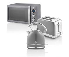 Swan Retro Colazione Set 1,8 L Bollitore, Tostapane a 2 Fette, Microonde Digitale 20L, 6 Livelli di Potenza, Timer, Porta Effetto Specchio, Design Vintage, Grigio, Taglia Unica