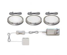 B.K.Licht Set di 3 luci da incasso LED, Kit completo luci sottopensili o per armadi, Lampade LED da cucina o per vetrine, include Accessori montaggio, luce calda 3000K, 3x1.8W, 3x170Lm Ø59mm IP20