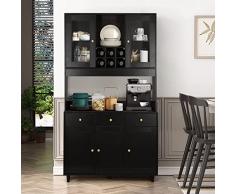 VOWNER Credenza Cucina Alta, Mobile Buffet, Mobile Dispensa, Mobile Cucina Dispensa, Armadio, 5 Ante Cassetti e 5 Ripiani Regolabili, Armadietti in Legno, 100L x 38W x 181H cm, Nero