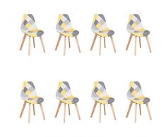 HJhomeheart Set di 8 Sedie da Pranzo, Sedia da Pranzo Patchwork Multicolore, Sedia in Tessuto con Gambe in Legno Massello per Sala da Pranzo, Soggiorno (Giallo)
