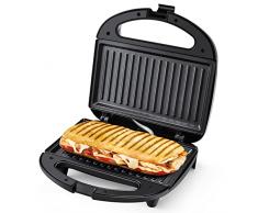Tostiera Tostapane Griglia Tiastar, Piastra Elettrica Toast con Rivestimento Antiaderente, 750W Panini Maker, Temperatura Automatica, Indicatore LED, Manico Cool Touch, Senza BPA, Nero