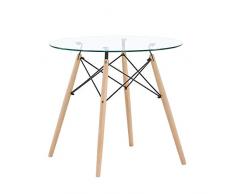 H.J WeDoo Tavolo da Pranzo Rotondo di Vetro, Tavolo da Cucina in Stile Scandinavo con 4 Gambe in Legno di faggio, Stile Nordico, 80 x 75 cm