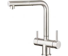 CREA Rubinetto 3 Vie Cucina con Doccetta Estraibile, Miscelatore Cucina 3 Vie Girevole a 360°, Rubinetto a Tre Vie per I Sistemi Osmosi, Rubinetto Cucina 3 Vie, Acciaio Inox