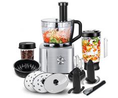 Robot da cucina multifunzionale, robot da cucina SNDOAS 1100 W con 3 velocità, robot da cucina compatto 11 in 1 include robot da cucina, ciotola per frullare, tazza per frullatore, Argento