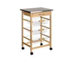 Premier Housewares 2403027 Carrello da Cucina, Legno di Pino, Piano in Acciaio Inossidabile, Cassetto, 3 Cesti Filo Metallico, Ruote