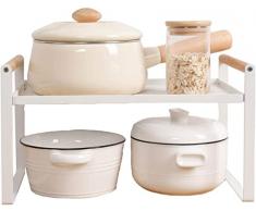 HGYZE Scaffale da Organizer Cucina in Metallo, 35cm Portaspezie con Manico in Legno, Mensola Appoggio Salvaspazio & Divisorio per Ripiano per la Dispensa e larmadio, Impilabile & Salvaspazio, Bianco