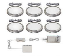 B.K.Licht Set di 6 luci da incasso LED, Kit completo luci sottopensili o per armadi, luce calda 3000K, 6x1.8W, 6x170Lm, Ø59mm, Lampade LED da cucina o per illuminazione vetrine IP20