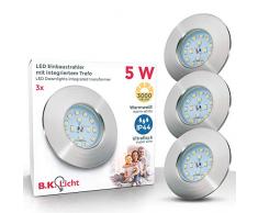 B.K.Licht Faretti LED ad incasso, led integrati 5W, diametro foro 60mm, faretti per bagno ultrasottili da soffitto, luce calda, plastica color nickel opaco, set da 3, 230V, IP44