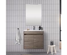 Mobile bagno sospeso 60 cm, serie Mavi 2 ante, arredo bagno moderno completo di lavabo e specchio (Rovere Corteccia)