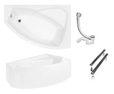 BESCO RIMA Vasca da bagno 130 x 85 cm, in acrilico, set grembiule per sifone, vasca angolare, design moderno, scarico a destra (vasca + grembiule + scarico + volte)
