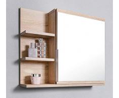 DOMTECH - Armadietto da bagno con specchio, ripiani e luce a LED, in autentico rovere Sonoma, L